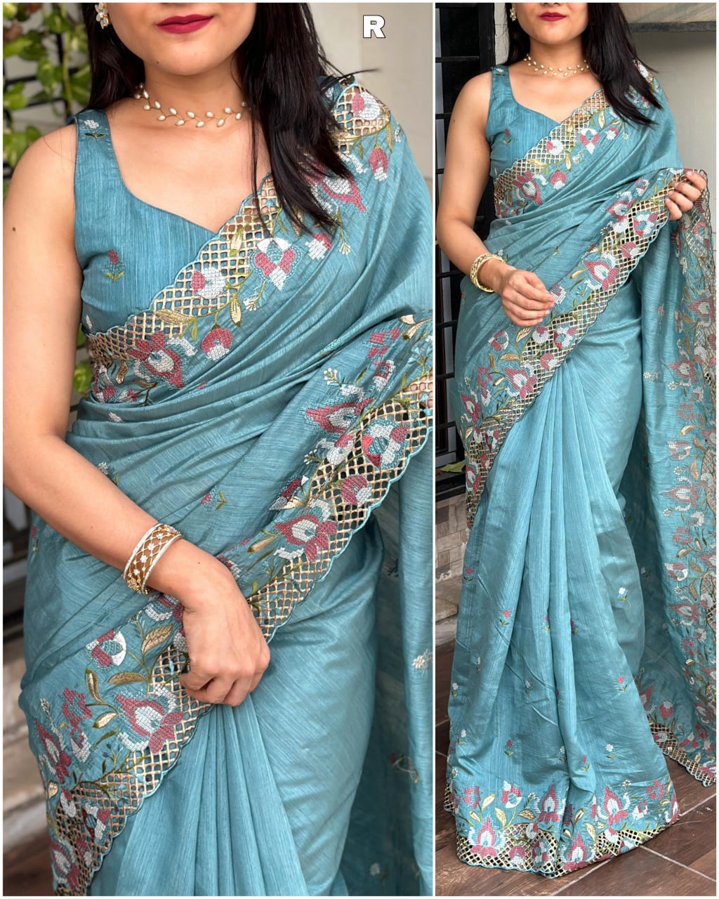Cut Work Viscose Slub Silk Embroidered Saree