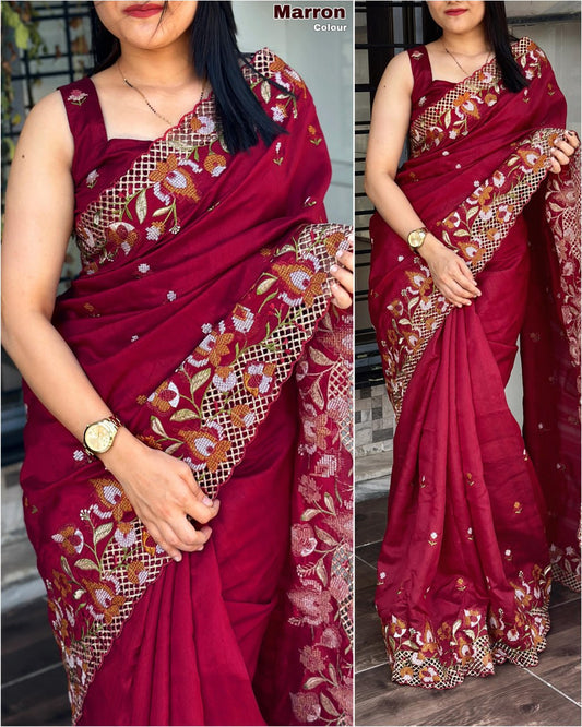 Cut Work Viscose Slub Silk Embroidered Saree