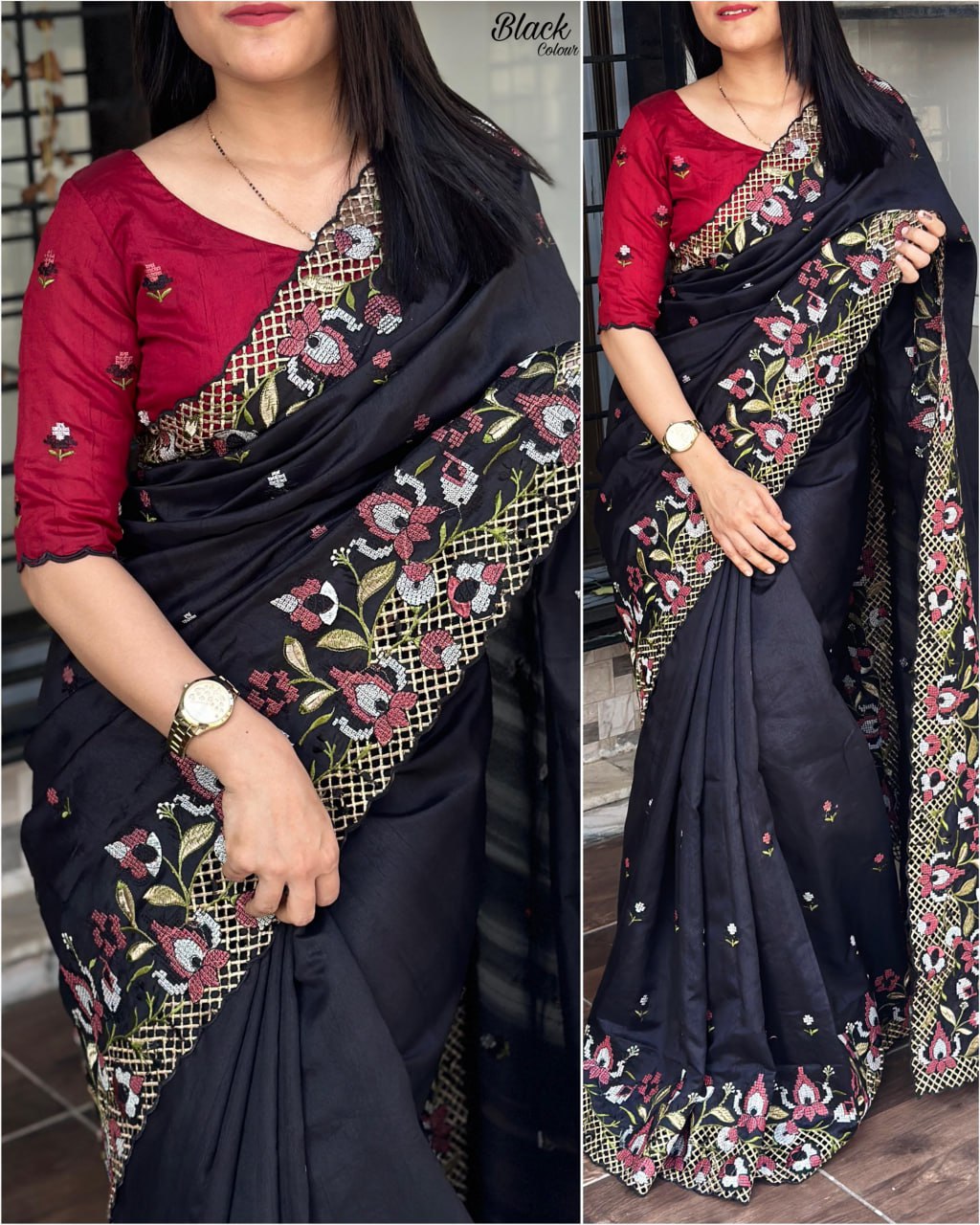 Cut Work Viscose Slub Silk Embroidered Saree