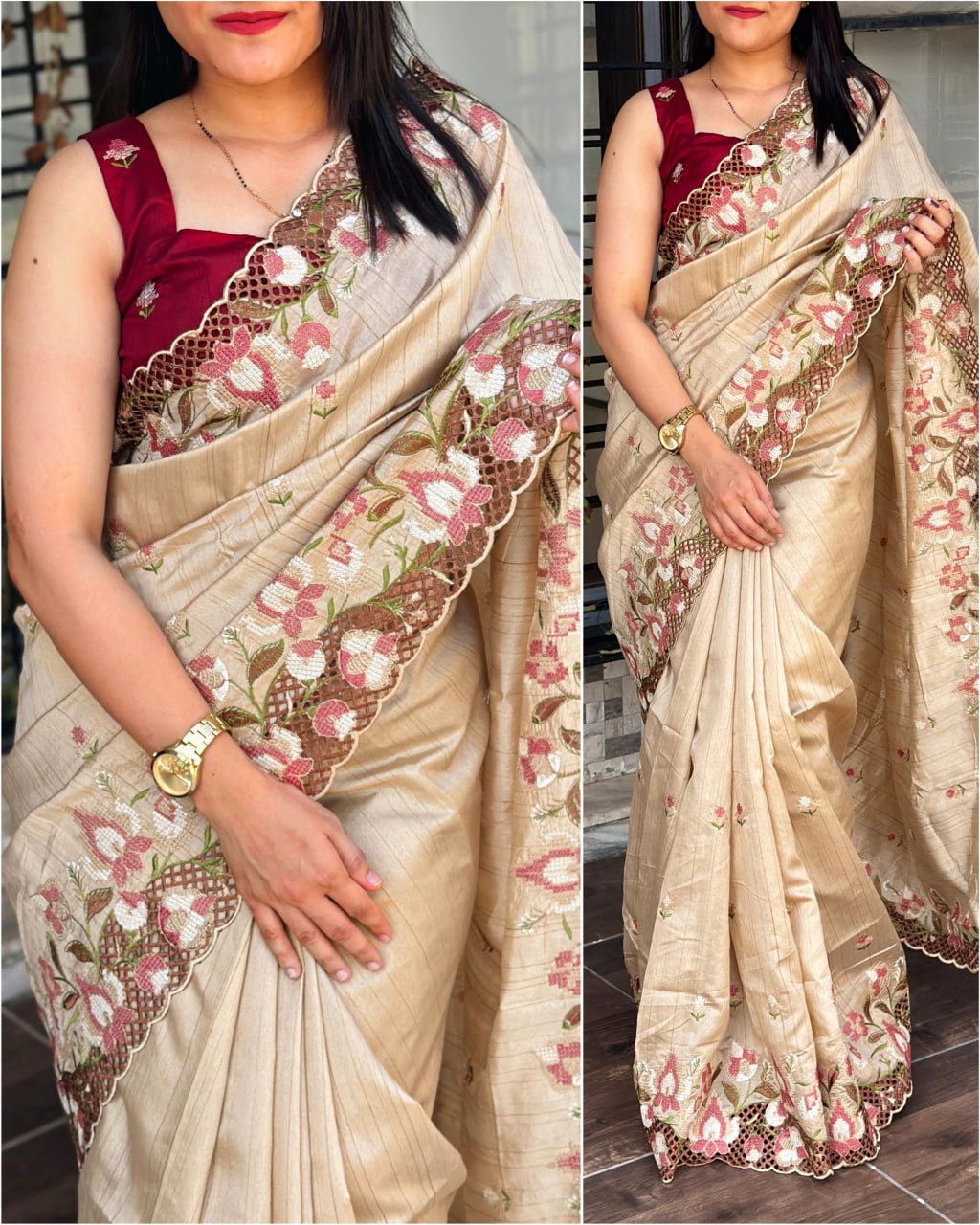 Cut Work Viscose Slub Silk Embroidered Saree