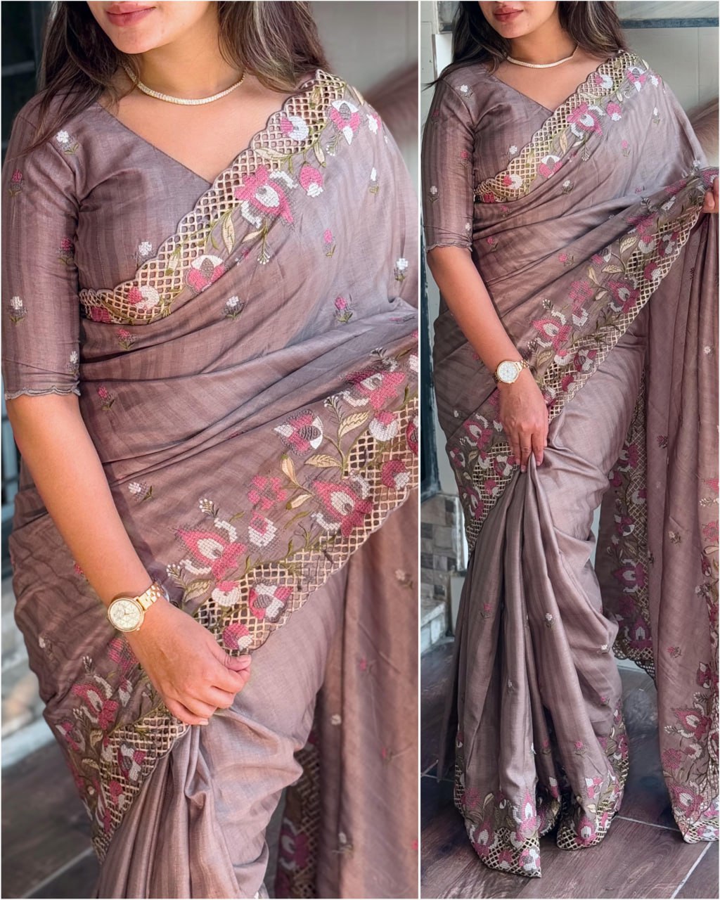 Cut Work Viscose Slub Silk Embroidered Saree