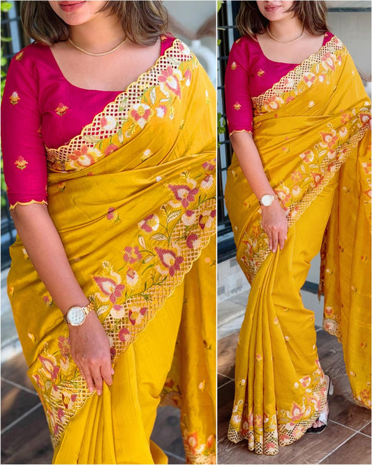 Cut Work Viscose Slub Silk Embroidered Saree