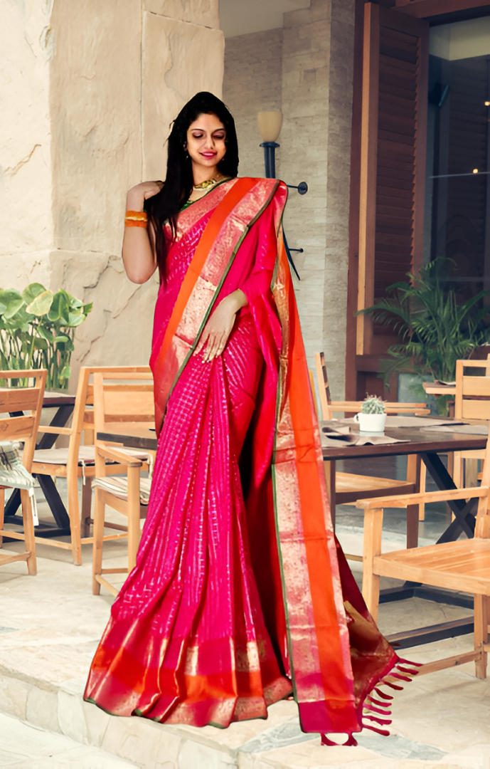 acquard Saree with Sona Chandi Zari Border