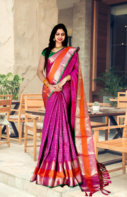 acquard Saree with Sona Chandi Zari Border