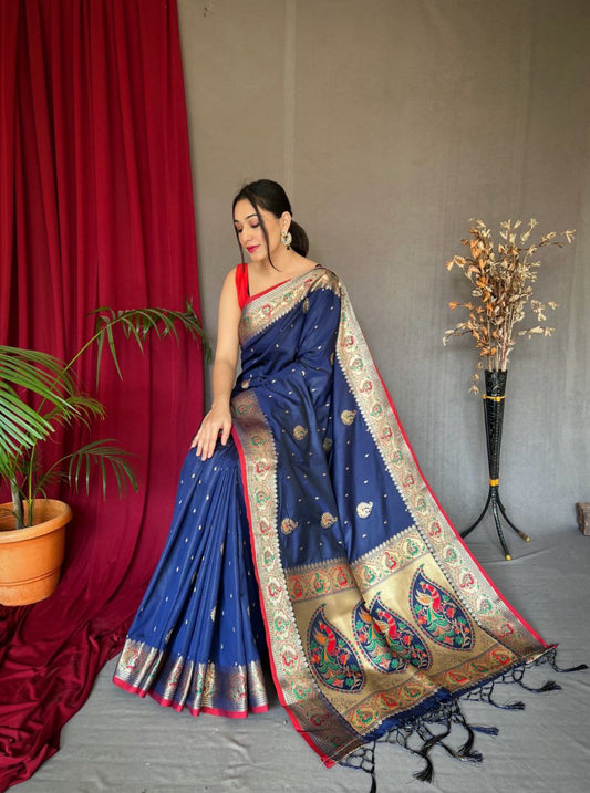 Pure Kanchipuram Paithani Silk Saree with Contrast Butti Blouse