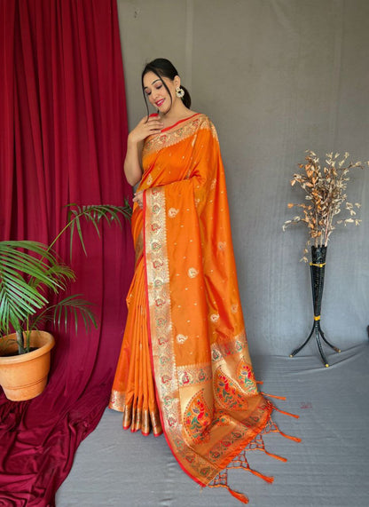 Pure Kanchipuram Paithani Silk Saree with Contrast Butti Blouse