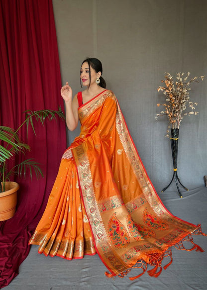 Pure Kanchipuram Paithani Silk Saree with Contrast Butti Blouse