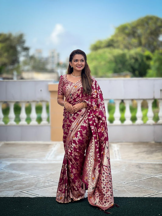 Pure Viscose Dolla Silk Saree with Heavy Meenakari Weaving & Tassel Pallu