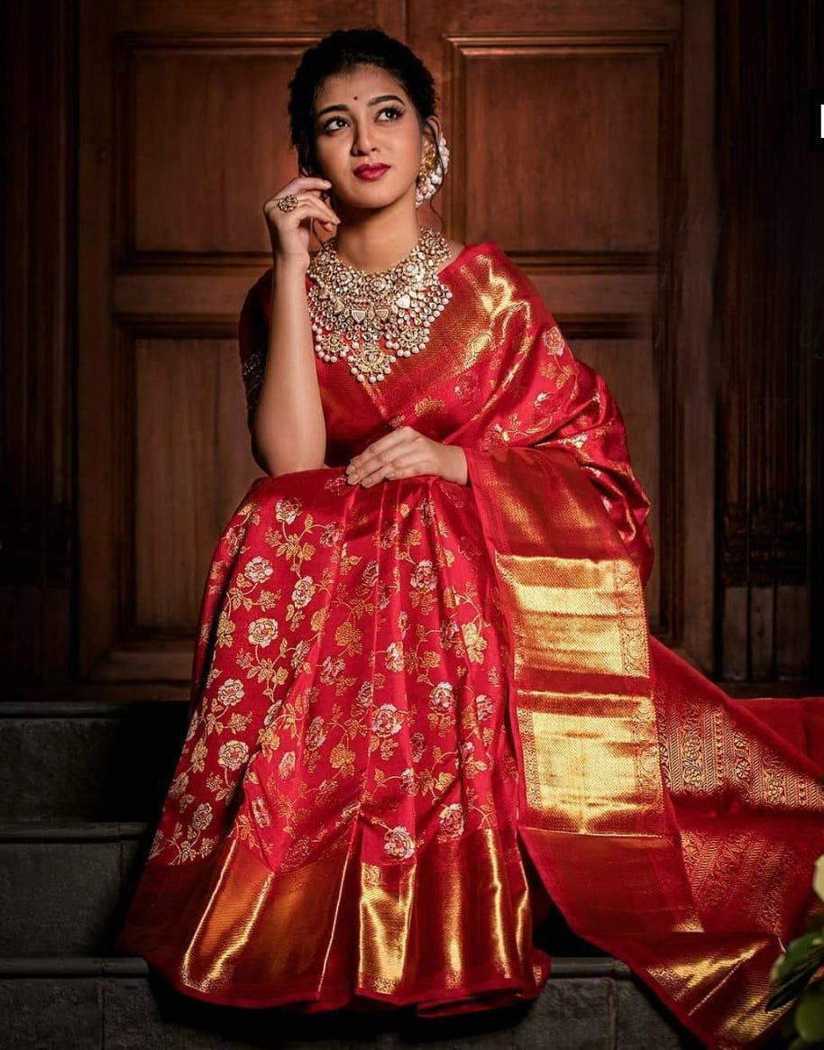 Red Lichi Silk Saree with Rich Jacquard Weave & Brocade Blouse