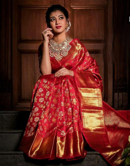 Red Lichi Silk Saree with Rich Jacquard Weave & Brocade Blouse