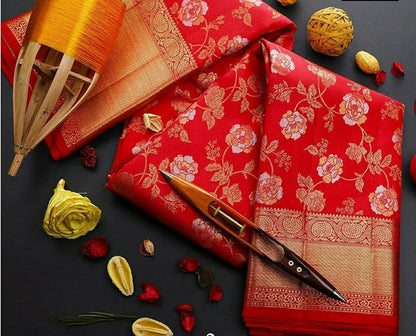 Red Lichi Silk Saree with Rich Jacquard Weave & Brocade Blouse