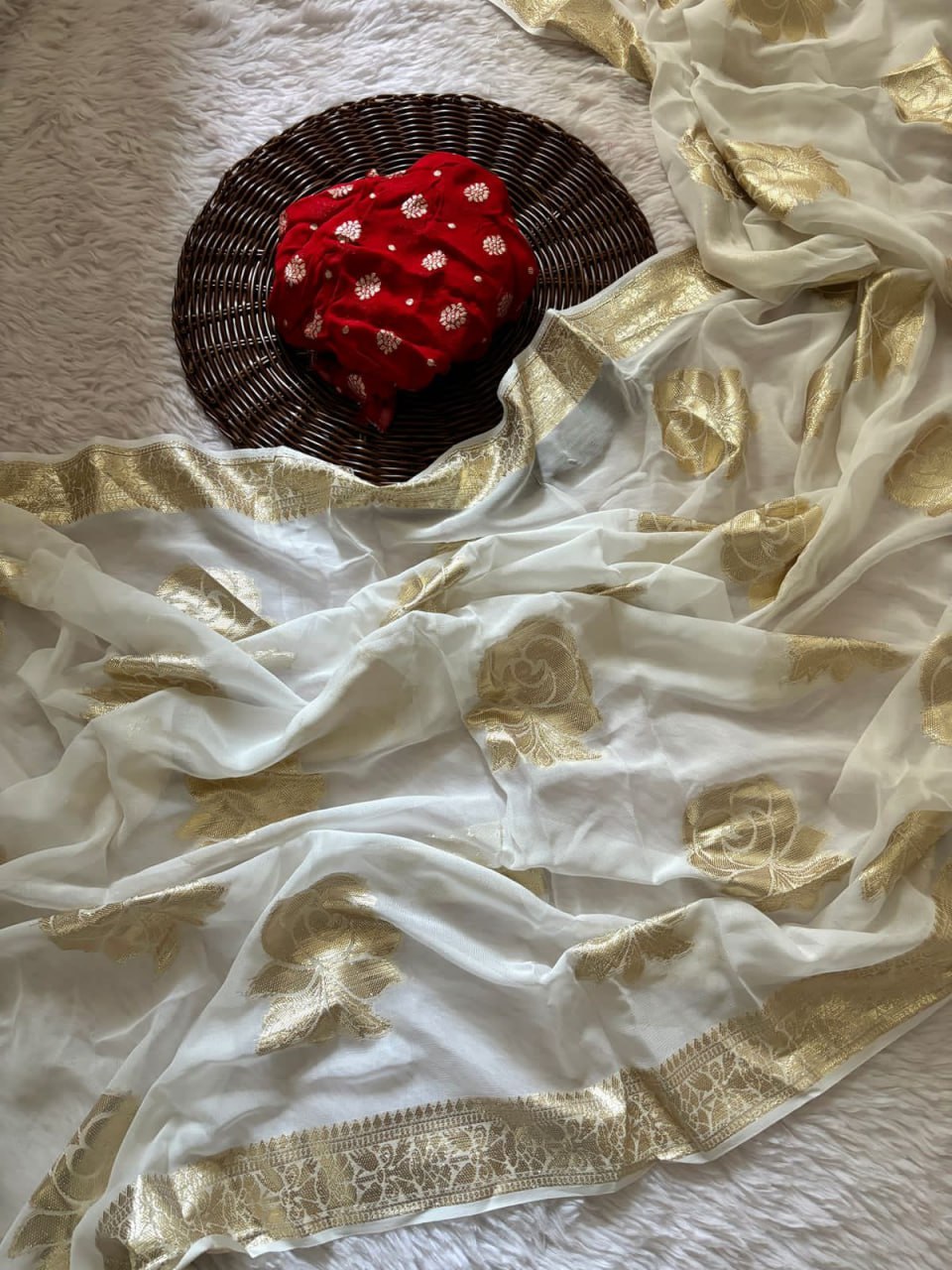 White Lichi Silk Saree with Gold Jacquard & Brocade Blouse