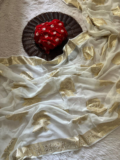 White Lichi Silk Saree with Gold Jacquard & Brocade Blouse