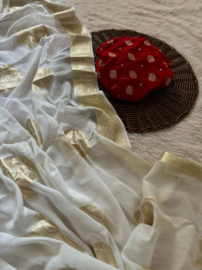 White Lichi Silk Saree with Gold Jacquard & Brocade Blouse