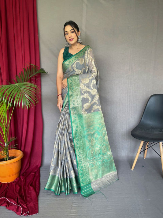 Original Linen Saree with Gold Motifs and Brocade Blouse