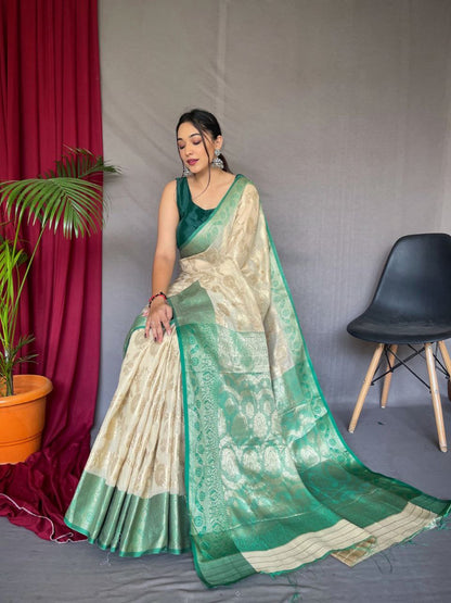 Original Linen Saree with Gold Motifs and Brocade Blouse