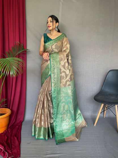 Original Linen Saree with Gold Motifs and Brocade Blouse