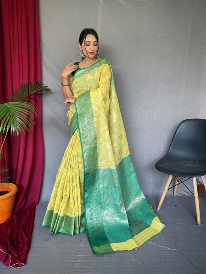 Original Linen Saree with Gold Motifs and Brocade Blouse