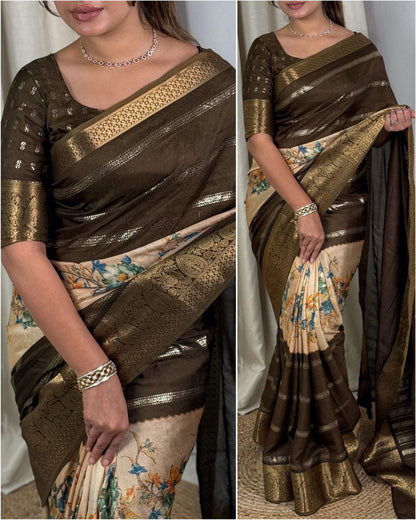 Chaitanya Dull Moss Saree with Zari Border & Prints