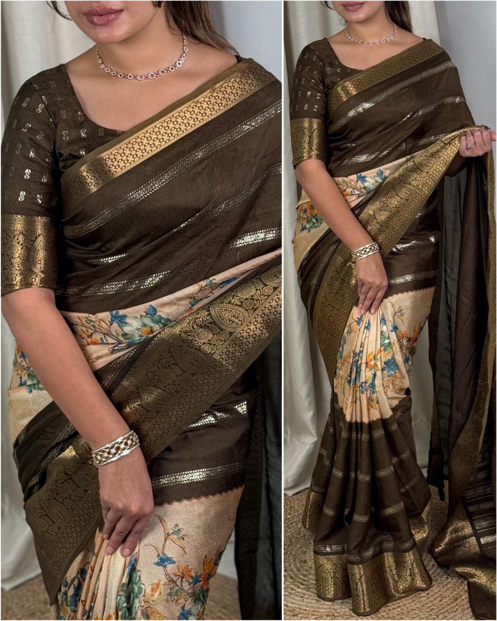 Elegant Dull Moss Saree with Zari Border & Floral Print