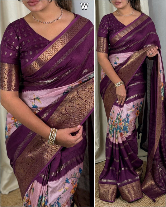 Elegant Dull Moss Saree with Zari Border & Floral Print