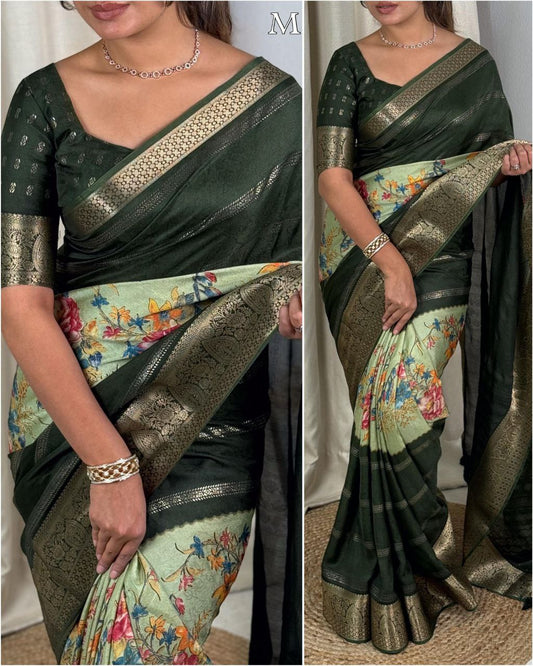 Chaitanya Dull Moss Saree with Zari Border & Prints