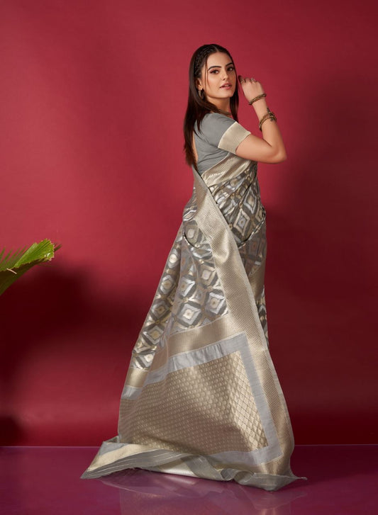 Original Linen Ikkat Weaving Saree with Brocade Blouse