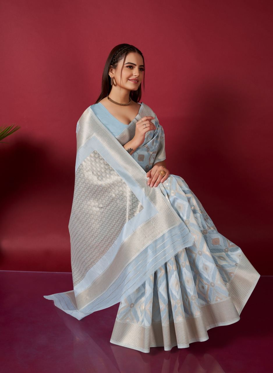 Original Linen Ikkat Weaving Saree with Brocade Blouse