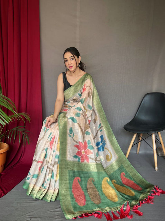 3D Floral Digital Print Saree with Golden Zari Pallu
