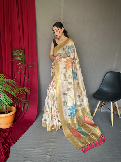 3D Floral Digital Print Saree with Golden Zari Pallu