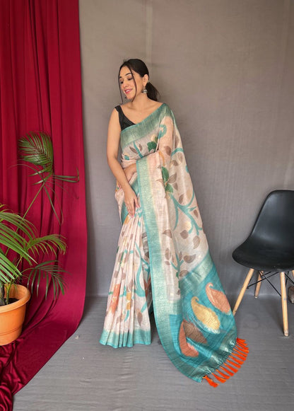 3D Floral Digital Print Saree with Golden Zari Pallu