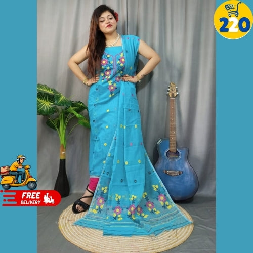 Bright Blue Floral Embroidered Saree – Lightweight & Elegant Daily Wear