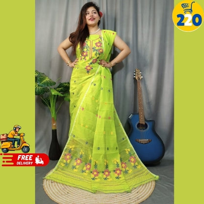 Bright Blue Floral Embroidered Saree – Lightweight & Elegant Daily Wear