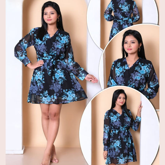 🌸 Chic Black & Blue Floral Dress 🌸
