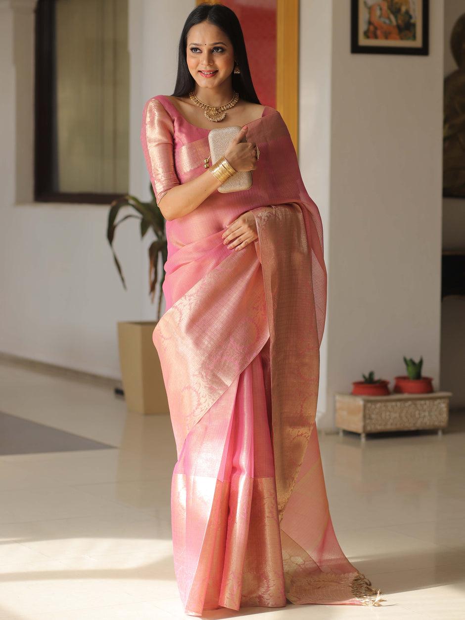 Pure Kota Tissue Banarasi Saree with Zari Work Blouse Piece
