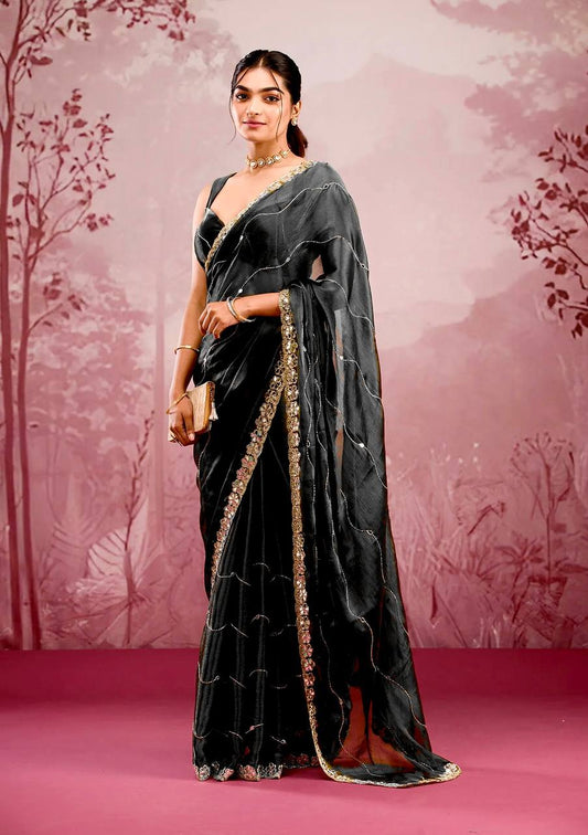Jet Black Burberry Silk Saree with Mirror Embroidery Border