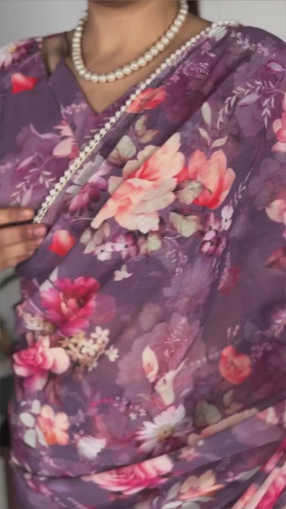 Elegant Marble Print Saree with Lace
