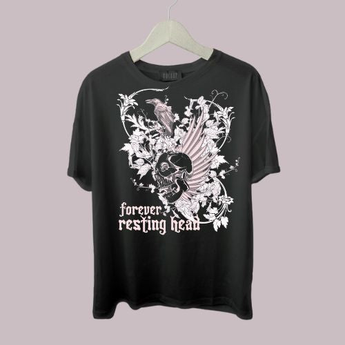 Unisex Black Graphic T-Shirt – “Forever Resting Head” Gothic Art Design