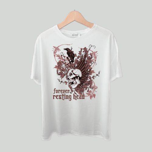 Unisex White Graphic T-Shirt – “Forever Resting Head” Vintage Gothic Style
