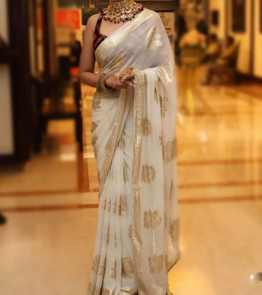 White Lichi Silk Saree with Gold Jacquard & Brocade Blouse