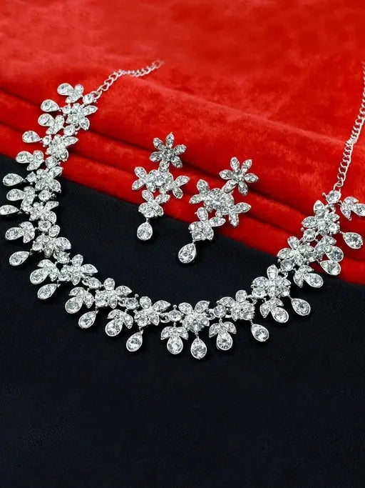 Silver Plated Necklace Set With White American Diamond